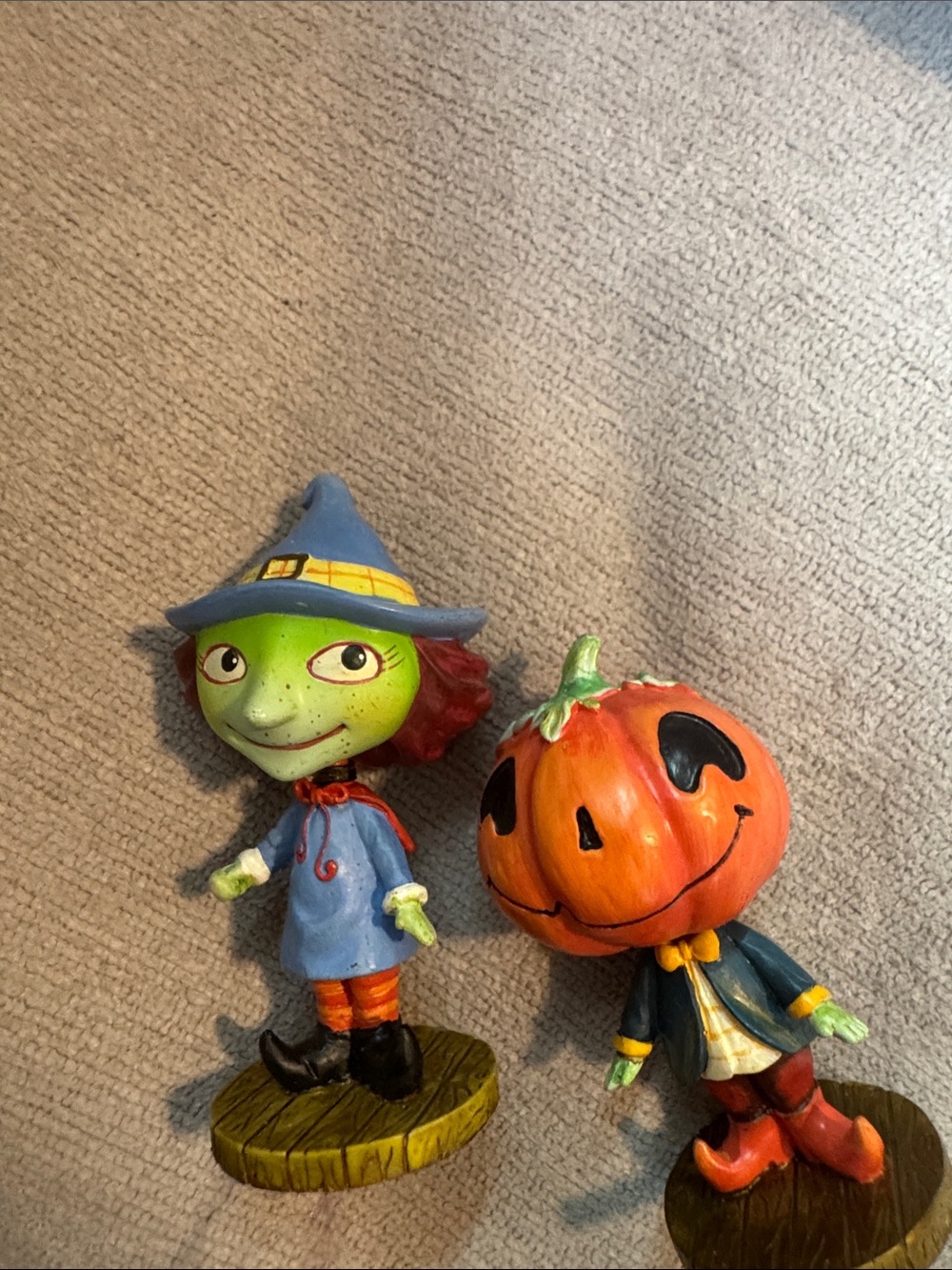 Vintage Halloween Pumpkin-Head & Witch Figurine Duo - Orange, Blue, Green - Picture 2 of 4